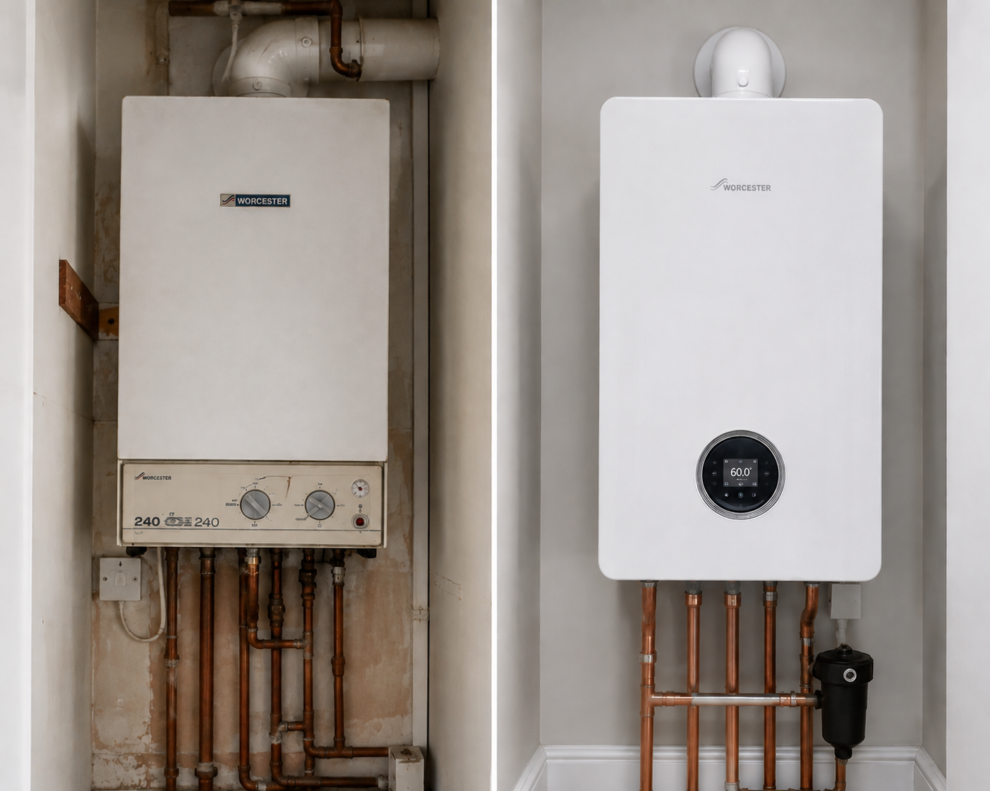 Before and after boiler installation by Wye Valley